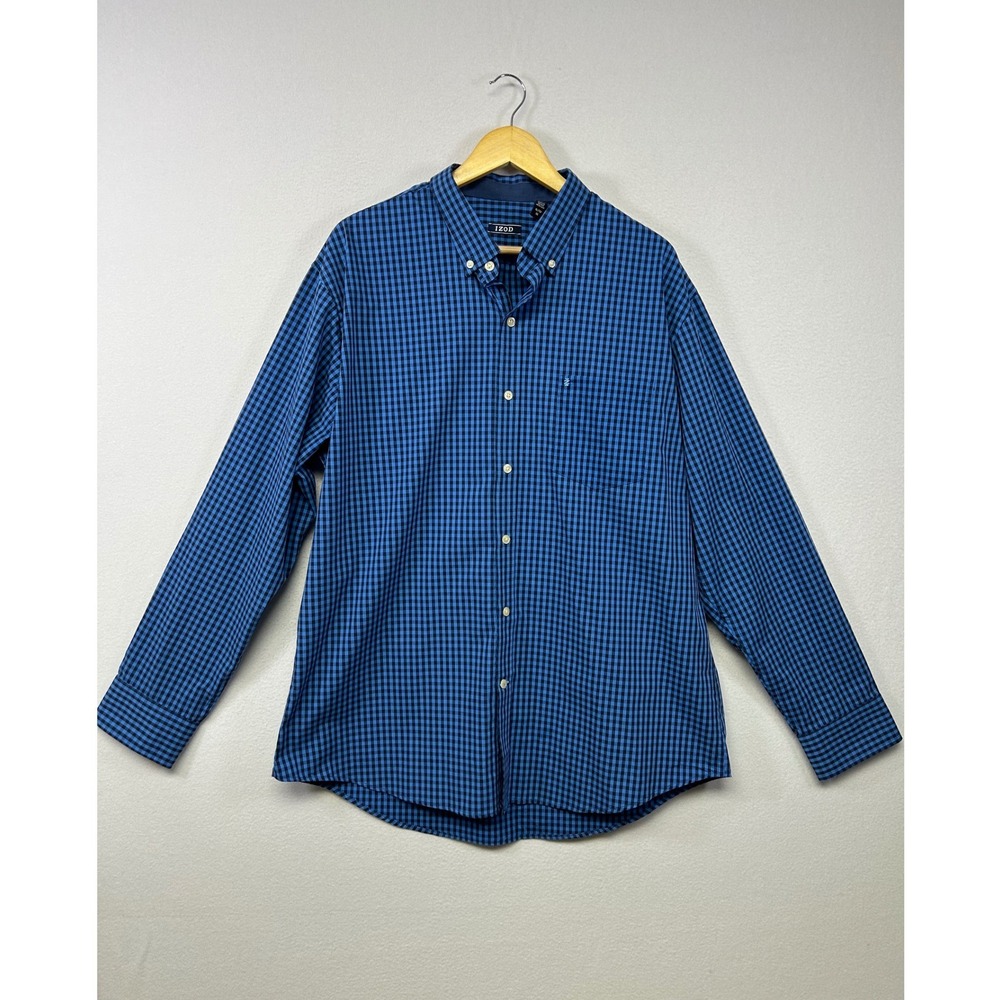 Preppy IZOD Mens XL Blue Gingham Check Long Sleeve Button Down Shirt Business